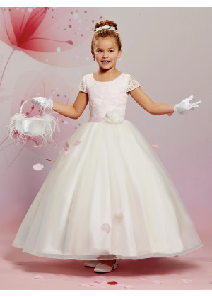 Cap Sleeves Lace Organza Heart-shaped Back Flower Girl Dress